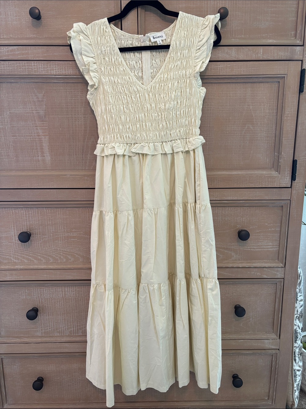 Cream Smocked Midi Dress with Ruffle Details